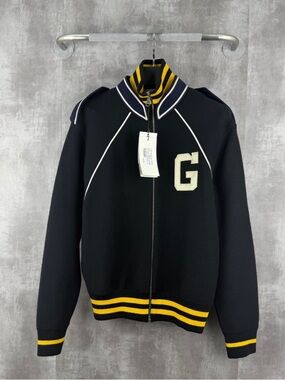 Authentic Gucci Black Bomber Jacket with Yellow Trim and 'G' Patch
